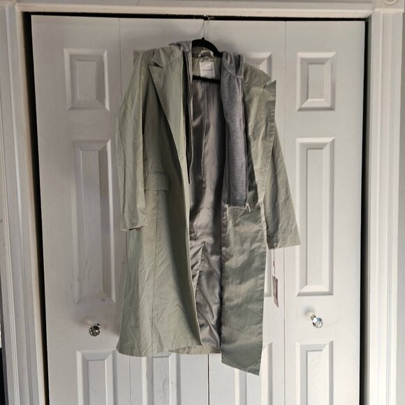 NWT Avec Les Filles Sage Green Hooded Double Breasted Trench Coat Size Medium - Picture 7 of 14